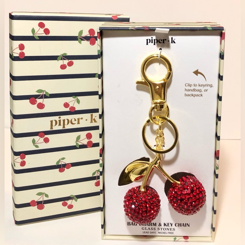 🍒New Piper~k Sparkling Crystal Studded Red Cherry Bag Bling/Charm Keychain FOB🍒